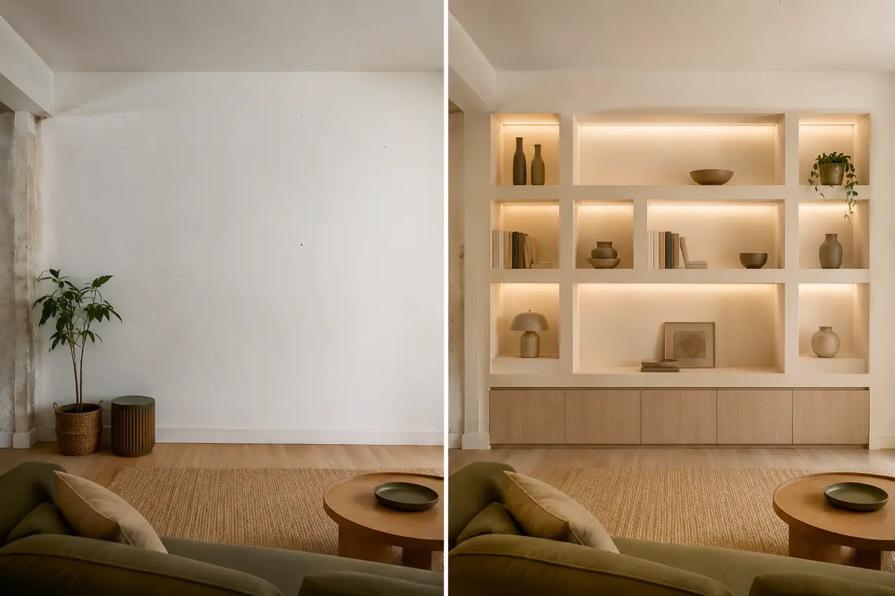 Parete prima e dopo la realizzazione di una libreria in cartongesso