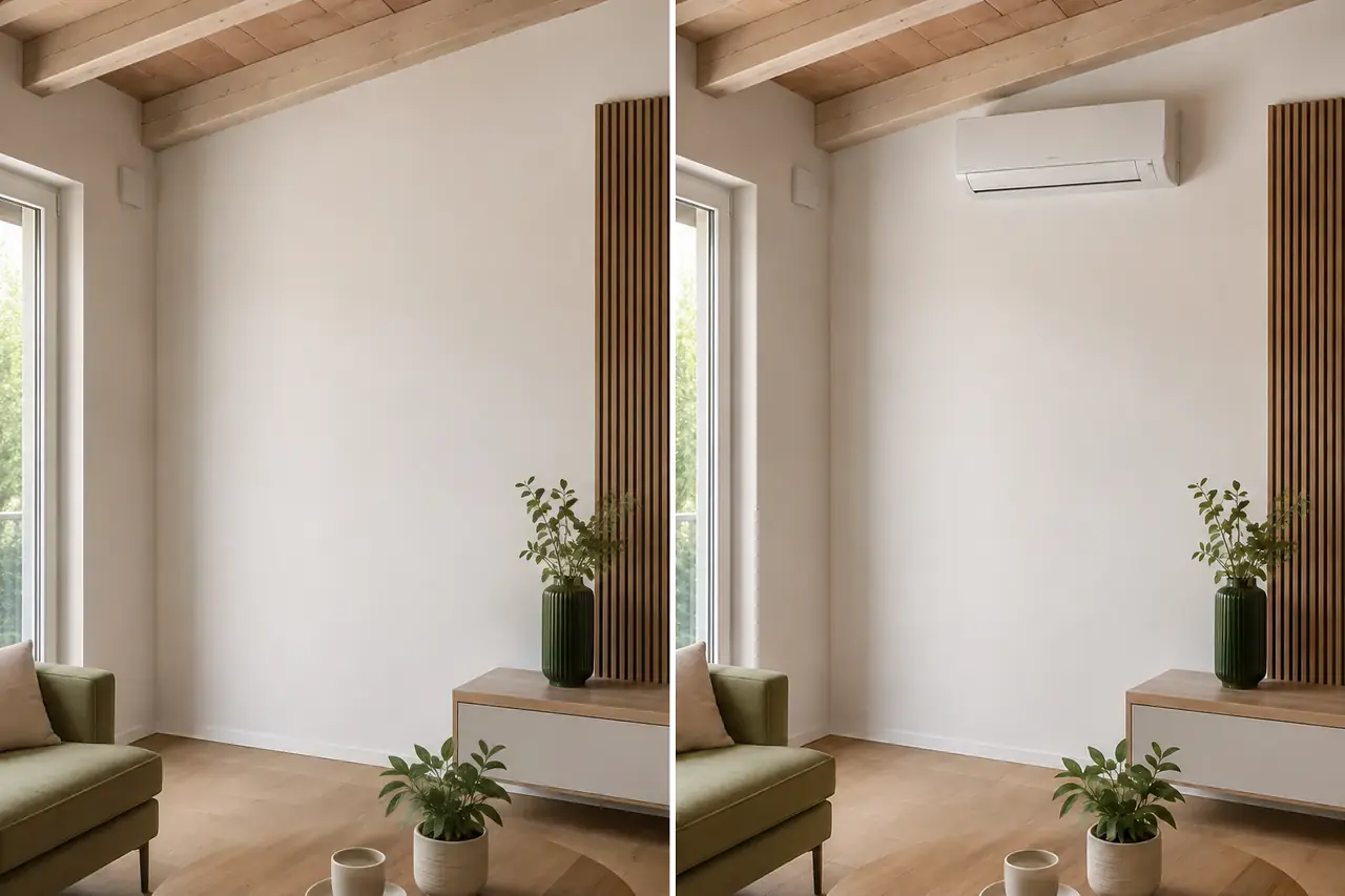 Parete prima e dopo l’installazione ordinata di un climatizzatore