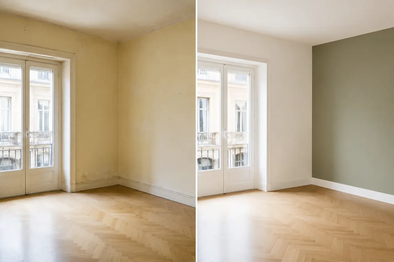 Ambiente prima e dopo la preparazione e pitturazione delle pareti